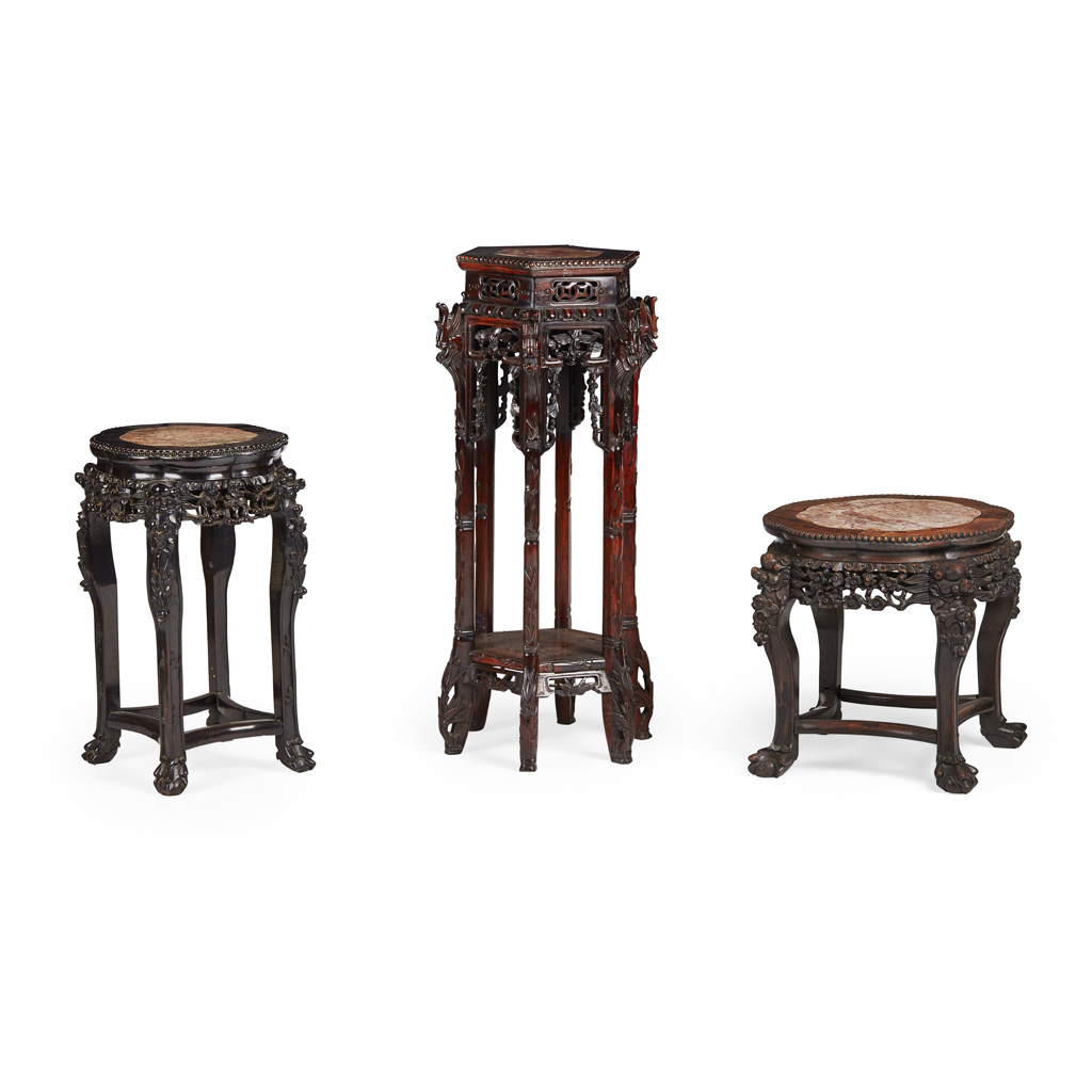 Appraisal: THREE MARBLE INSET HARDWOOD STANDS TH CENTURY two of hexalobed