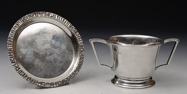 Appraisal: A CONTEMPORARY SILVER DISH with a stylised border cm wide