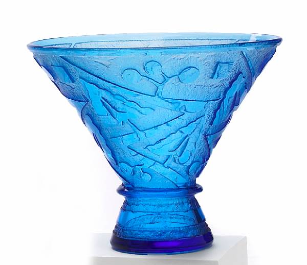 Appraisal: A Daum Nancy Art Deco acid-cut-back blue glass footed vase