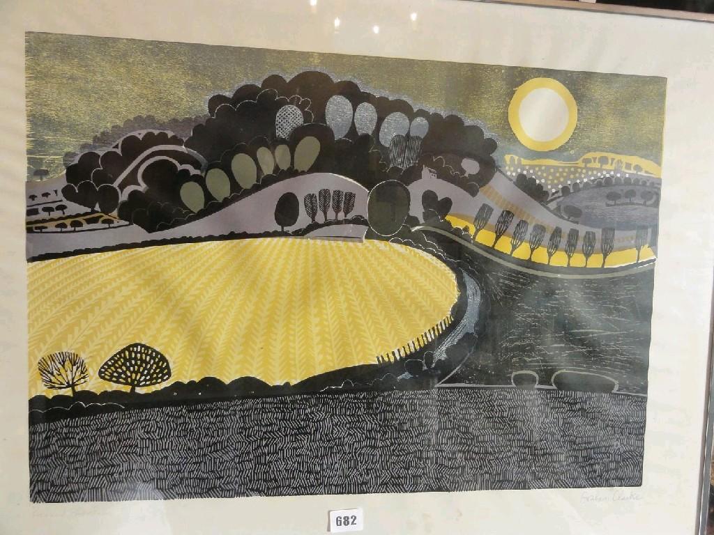 Appraisal: A screen print of a stylised landscape with corn field