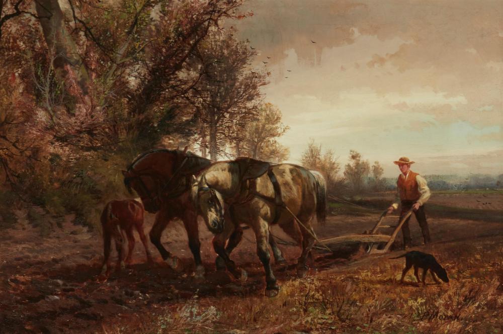 Appraisal: PETER MORAN - FARMER WITH PLOW HORSES OIL ON CANVAS