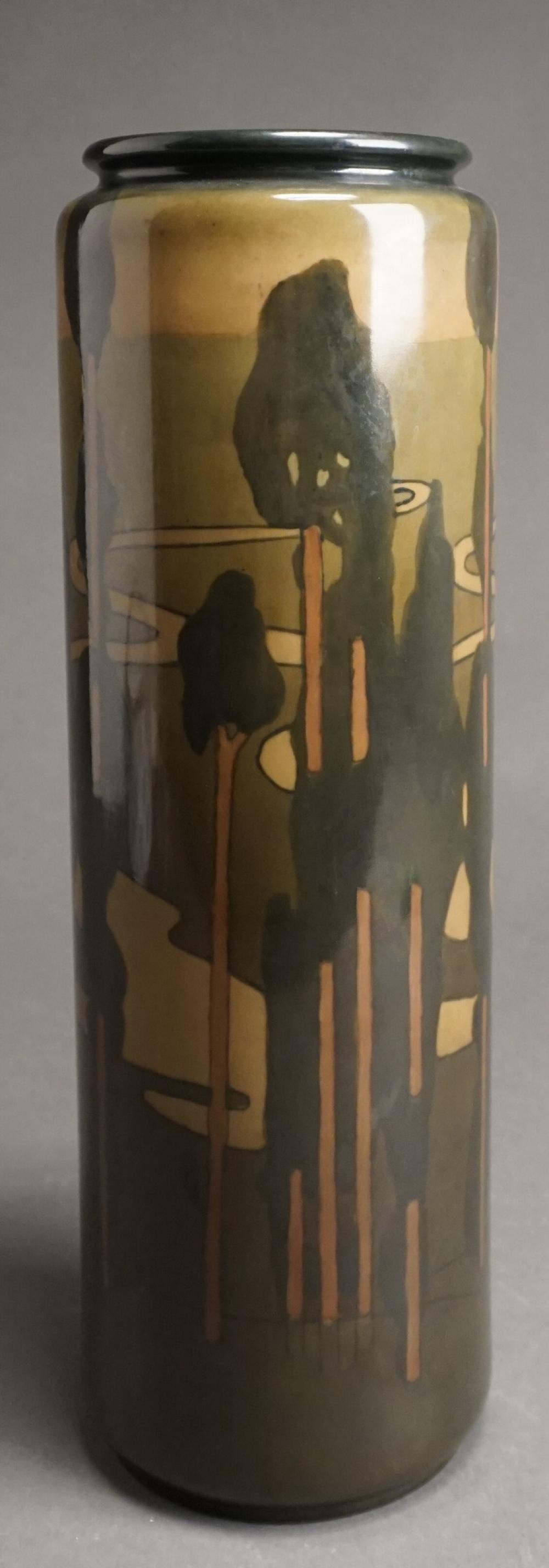 Appraisal: Willets Belleek American Porcelain Cylindrical Landscape Painted Vase Underside signed