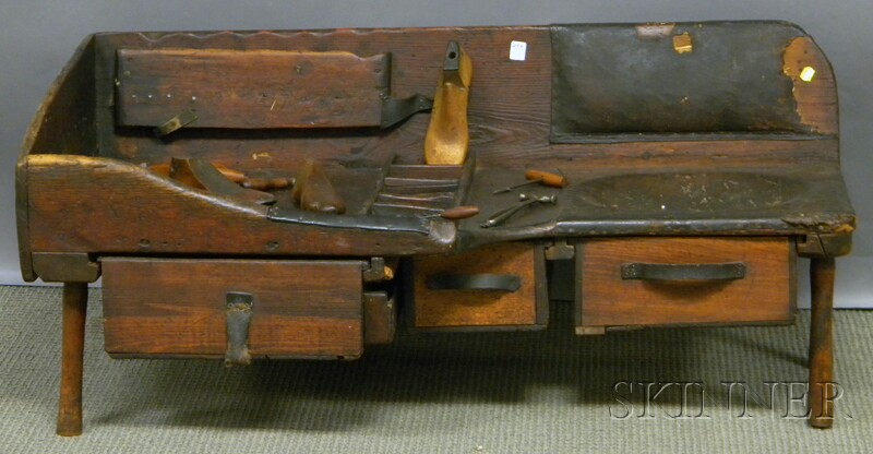 Appraisal: Rustic Leather-clad Pine Cobbler's Bench approx overall ht lg in