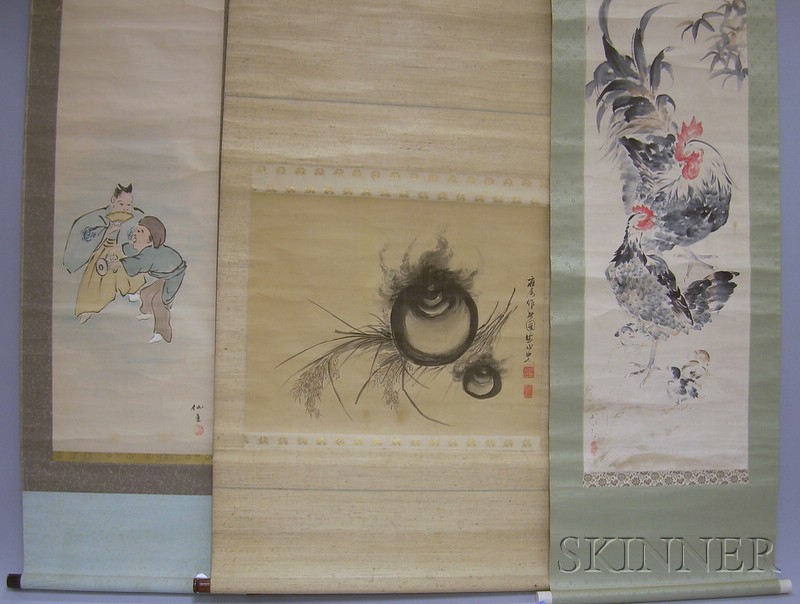 Appraisal: Three Japanese Scrolls depicting two figures a rooster and a