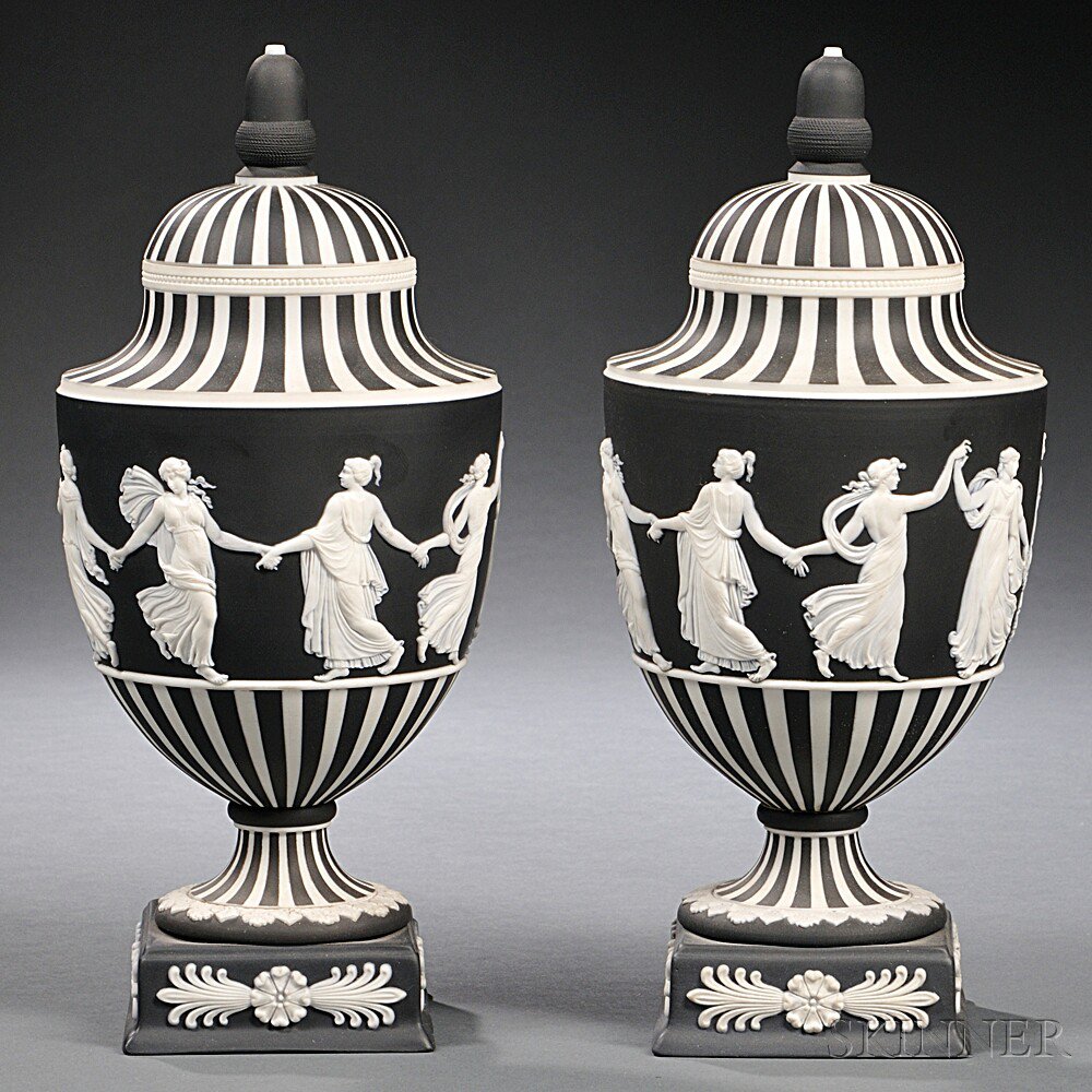 Appraisal: Pair of Wedgwood Black Jasper Dip Vases and Covers England