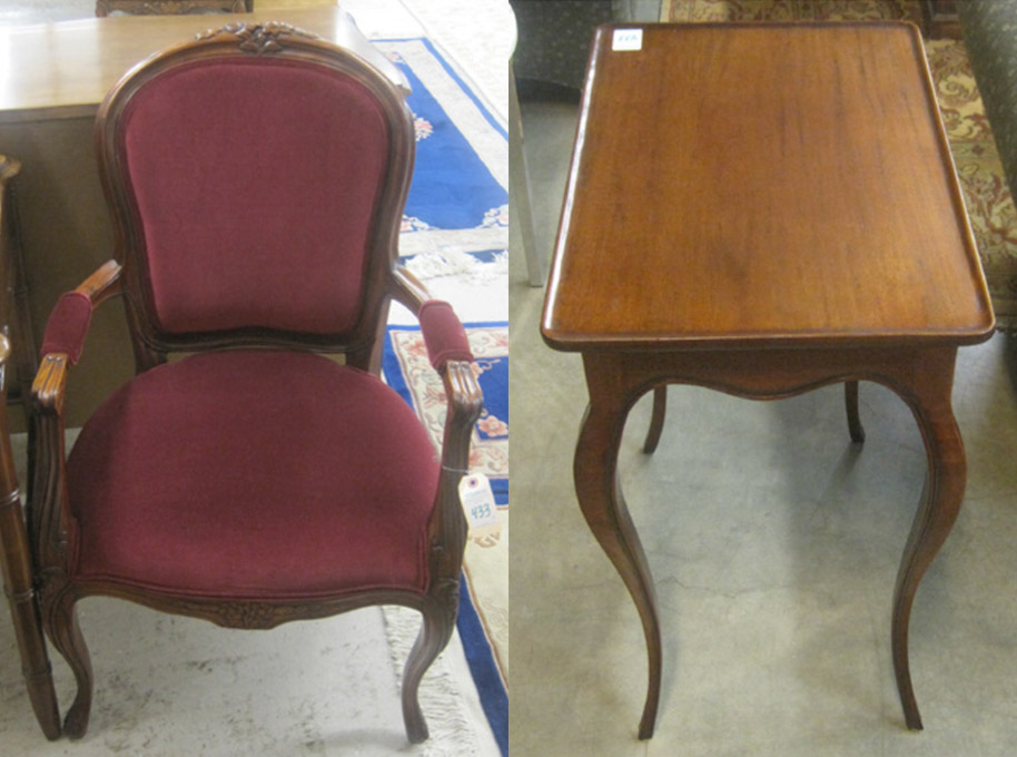 Appraisal: LOUIS XV STYLE MAHOGANY ARMCHAIR AND LAMP TABLE The armchair