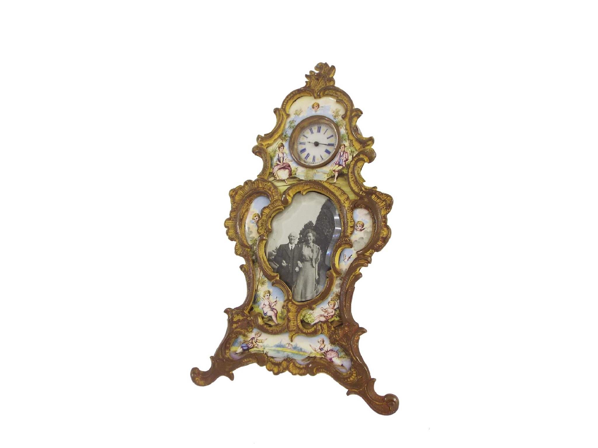 Appraisal: Austrian ormolu and enamel easel picture clock the white dial