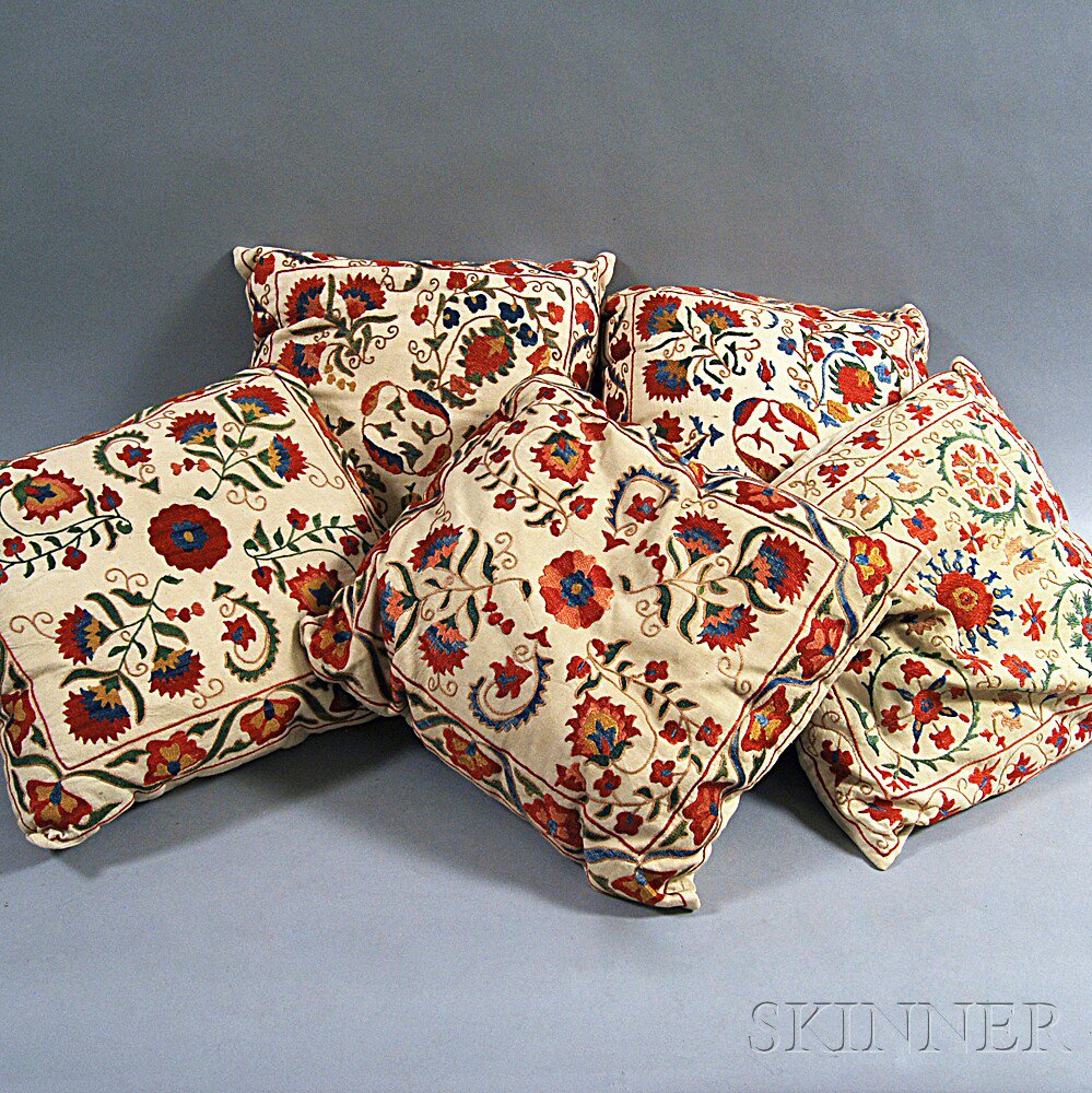 Appraisal: Five Uzbekistani Silk-embroidered Pillows with foliate and floral motifs throughout