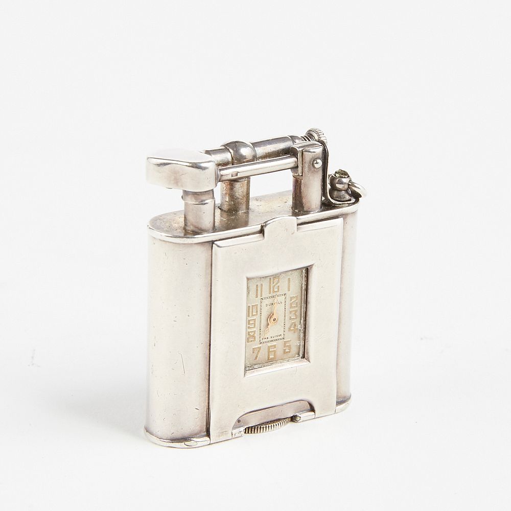 Appraisal: Dunhill Sterling Silver Swing Arm Lighter with Clock Dunhill United