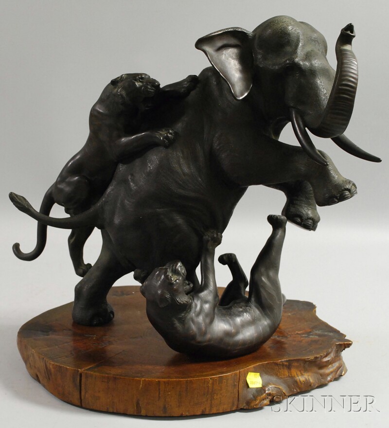 Appraisal: Bronze Patinated Cast Metal Sculpture of Tigers and an Elephant