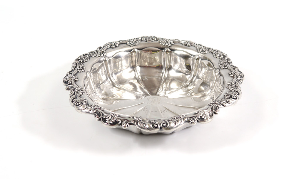 Appraisal: GORHAM STERLING LOW SERVING BOWL Embossed floral rim fluted bowl