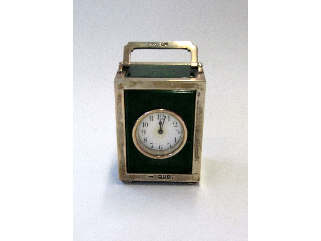 Appraisal: Edwardian silver and green enamel carriage clock with engine turned