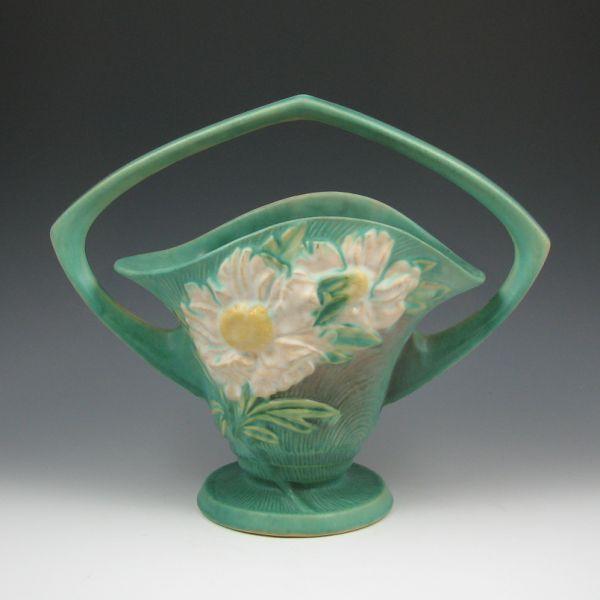 Appraisal: Roseville Peony basket in green Marked Roseville USA - There