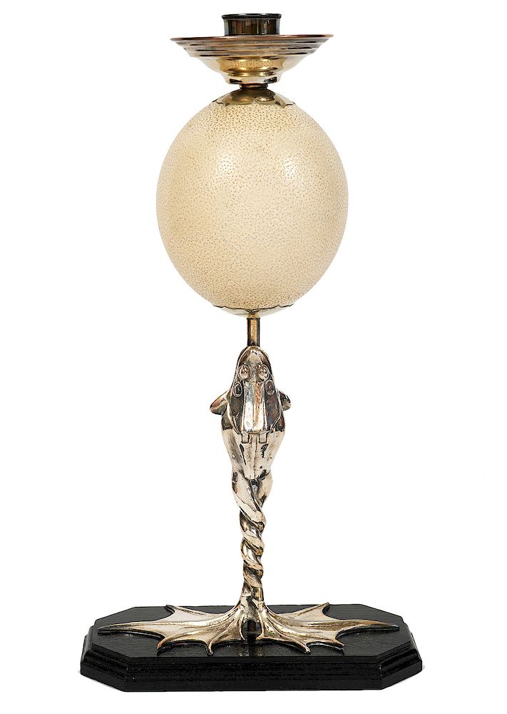 Appraisal: Anthony Redmile Ostrich Egg Frog Candlestick Anthony Redmile silverplate figural