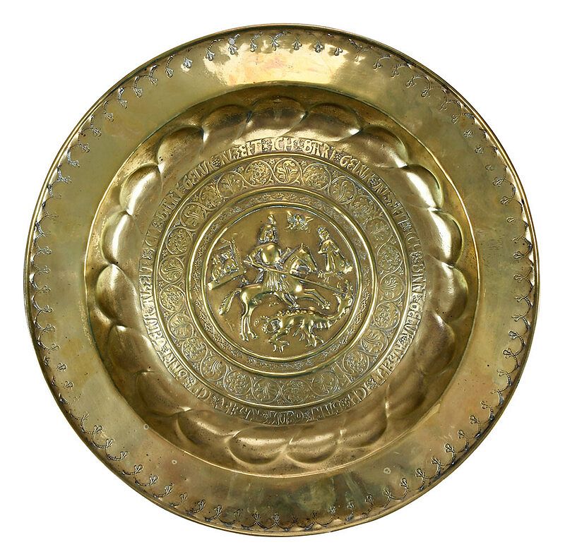 Appraisal: Early Brass Alms Dish St George and the Dragon Flemish