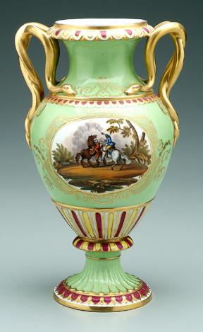 Appraisal: Porcelain urn hand painted decoration cartouches with soldiers on green