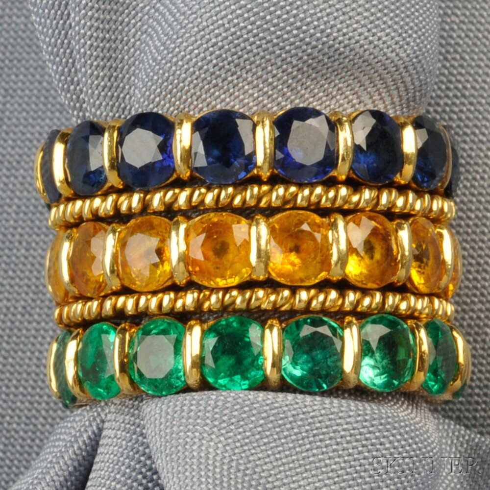 Appraisal: kt Gold Gem-set Stacking Rings in emerald sapphire and citrine