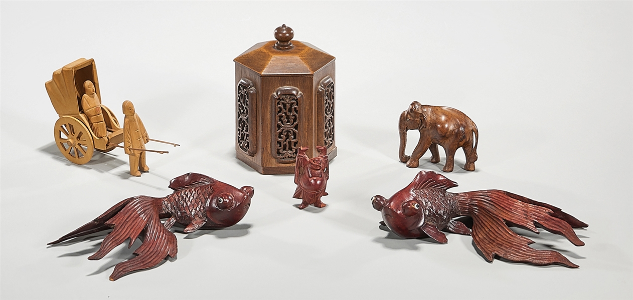 Appraisal: Six Chinese and Japanese wood carvings including figure elephant covered