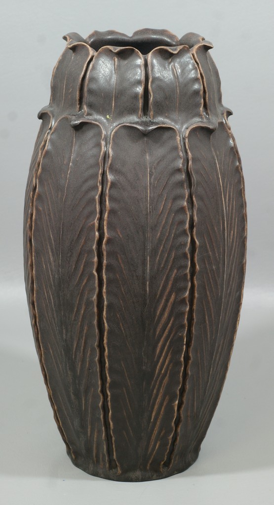 Appraisal: Art pottery vase brown glaze with palm frond design signed