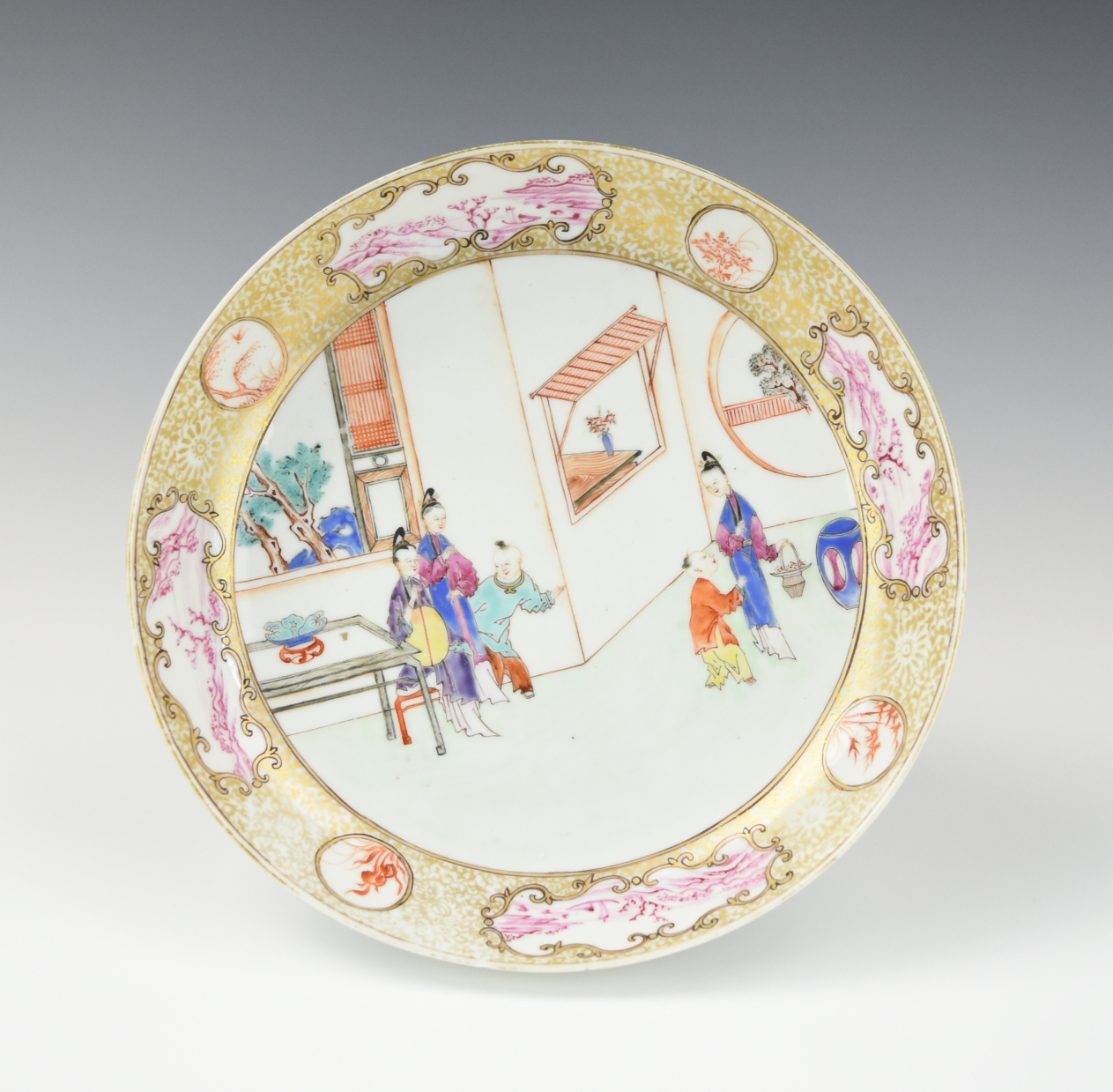 Appraisal: CHINESE GILT CANTON ENAMEL PLATE W FIGURE TH C Chinese