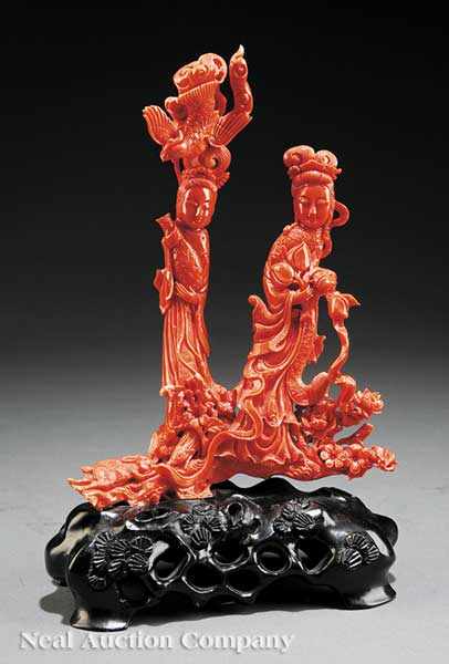 Appraisal: A Chinese Carved Coral Figural Group of Two Beauties the