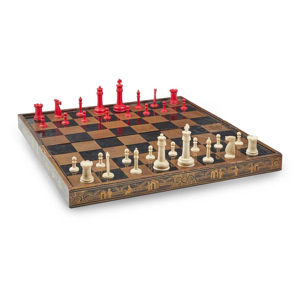 Appraisal: CHINESE CANTON LACQUER GAMES BOARD AND BONE CHESS SET TH