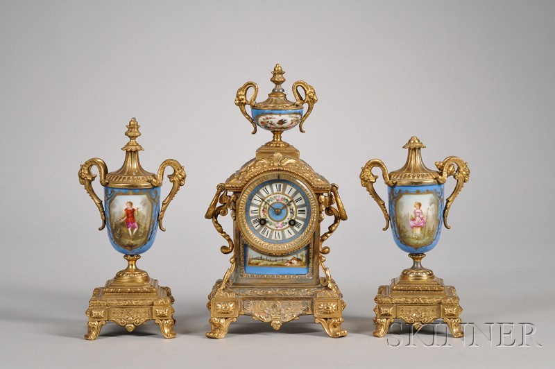 Appraisal: Three-piece Porcelain and Gilt-metal Clock Garniture Ht is aprox in