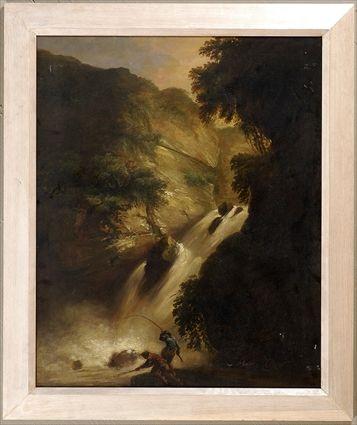 Appraisal: CASTING FOR FISH AT THE FALLS Oil on canvas relined