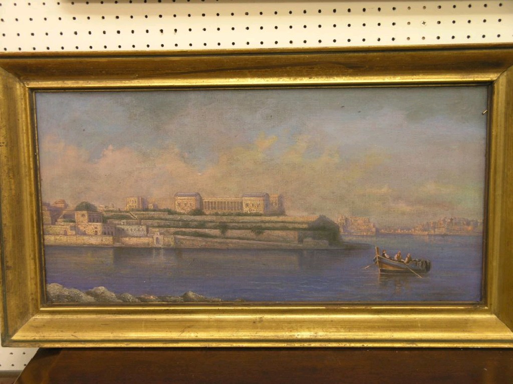 Appraisal: An oil on board Maltese view with rowing boat and