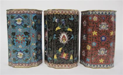 Appraisal: Three chinese gilt metal and cloisonne enameled brush holders th