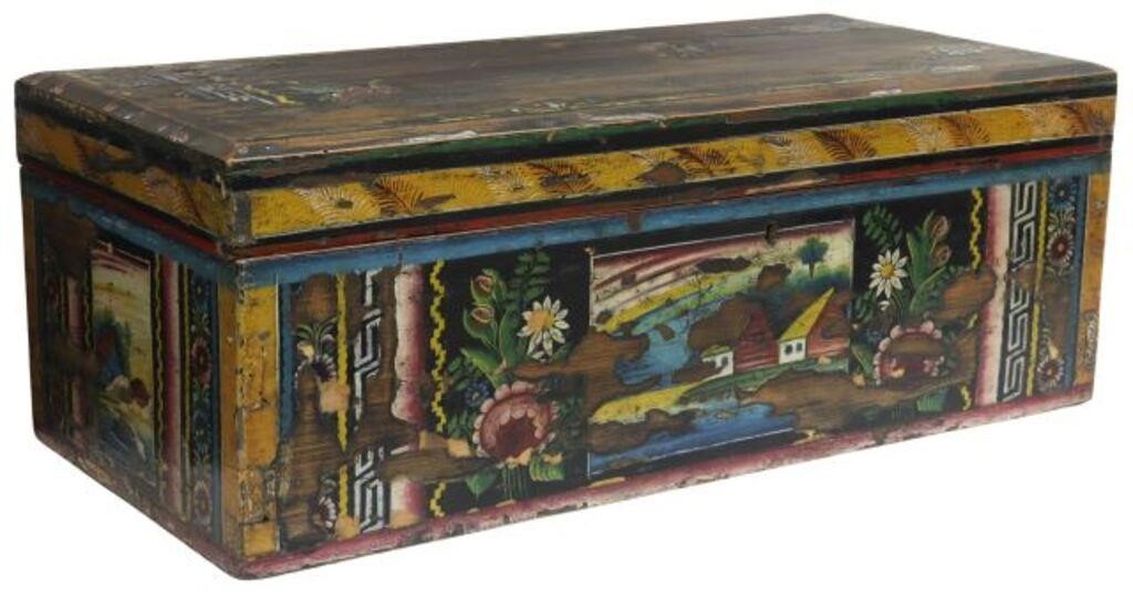 Appraisal: Hand-painted maque lacquer wood chest trunk Olinala Guerrero Mexico dovetailed