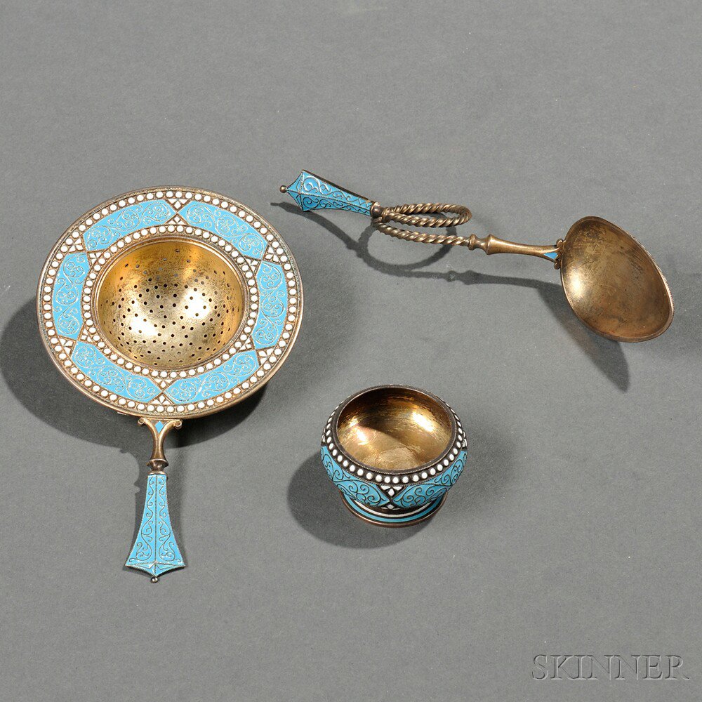 Appraisal: Three Pieces of David-Andersen Gold-washed Sterling Silver and Enamel Tableware