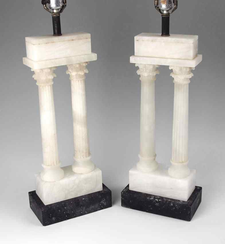 Appraisal: PAIR ALABASTER GREEK REVIVAL LAMPS Each alabaster lamp with fluted