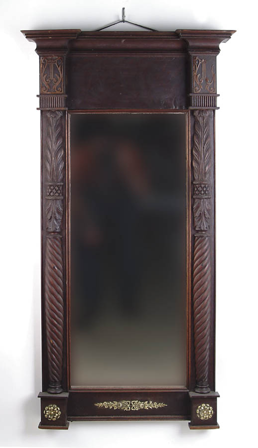 Appraisal: CLASSICAL MAHOGANY CARVED PIER MIRROR The cornice top having lyre