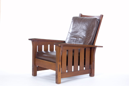 Appraisal: GUSTAV STICKLEY Drop arm Morris chair with five slats and