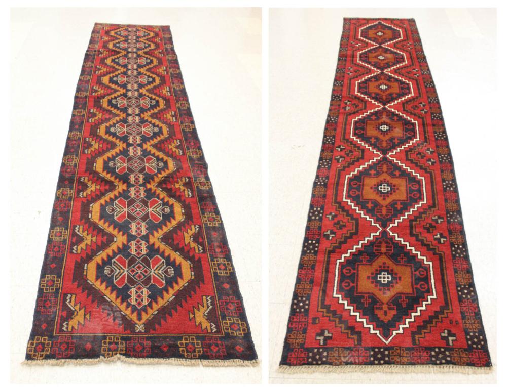 Appraisal: TWO SIMILAR HAND KNOTTED ORIENTAL HALL RUGS Pakistani-Persian tribals repeating