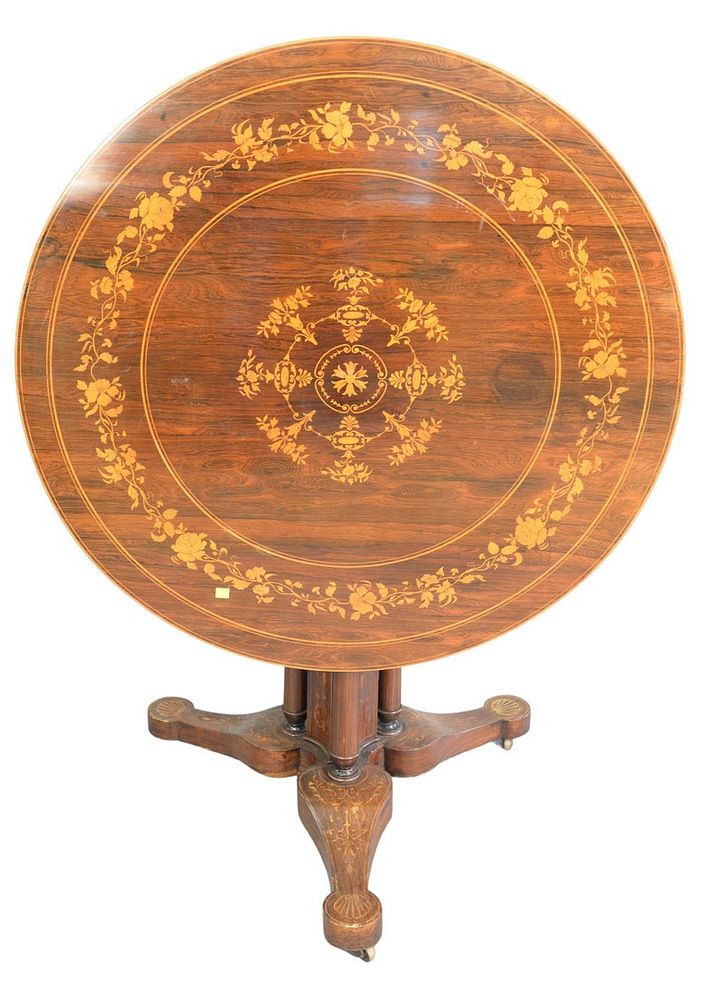 Appraisal: English Rosewood Round Tip Table having marquetry inlaid top column