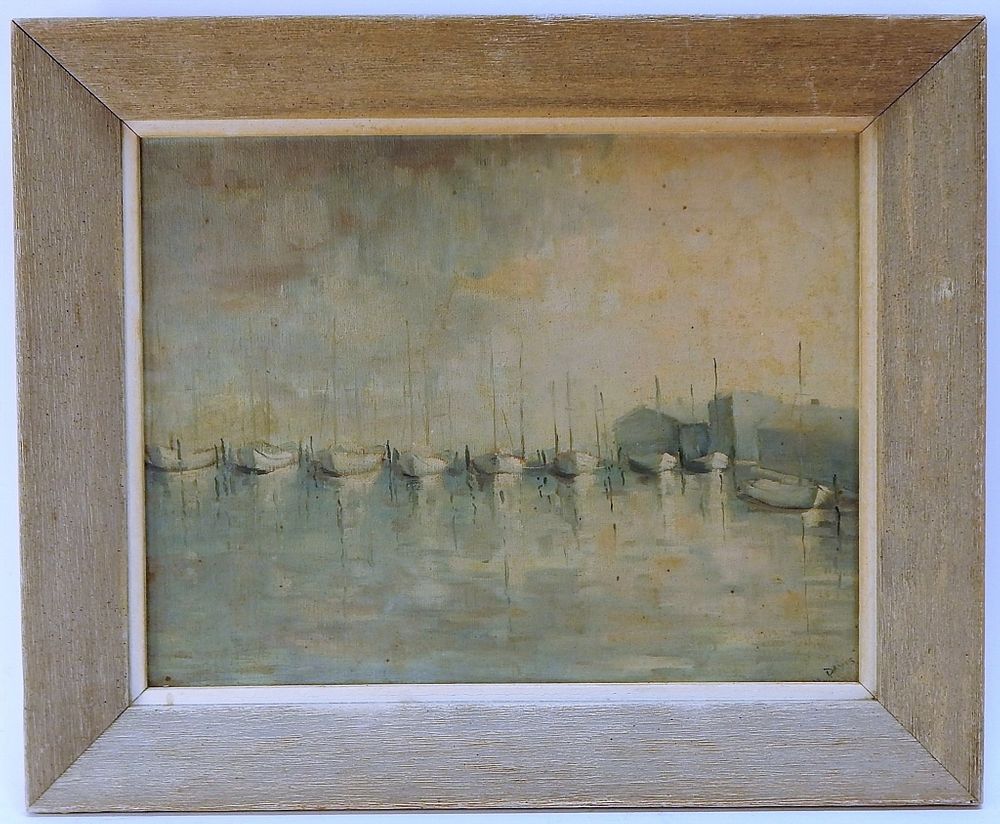 Appraisal: M Davis Impressionist Sailboat Harbor Painting United States th Century