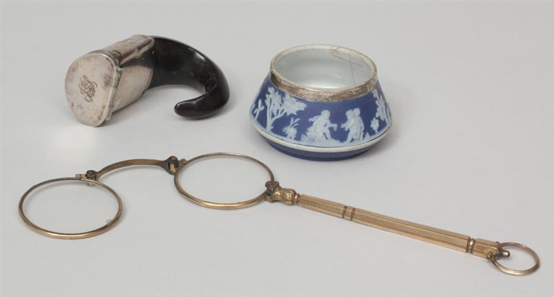 Appraisal: English Silver-Mounted Horn Snuff Mull English Silver-Mounted Wedgwood Jasperware Salt