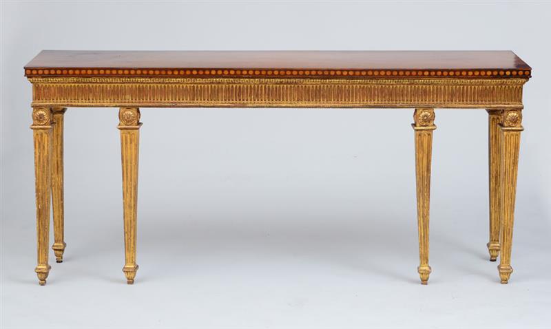 Appraisal: GEORGE III STYLE INLAID MAHOGANY AND GILTWOOD CONSOLE The rectangular