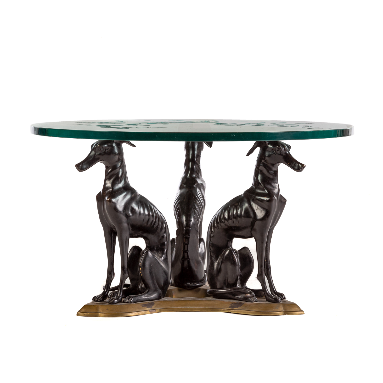 Appraisal: MAITLAND-SMITH BRONZE GREYHOUND GLASS TOP TABLE th century circular glass