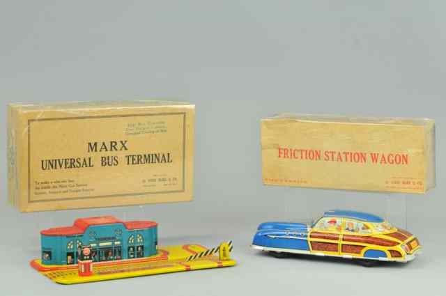 Appraisal: UNIVERSAL BUS TERMINAL AND STATION WAGON Marx Toys both boxed