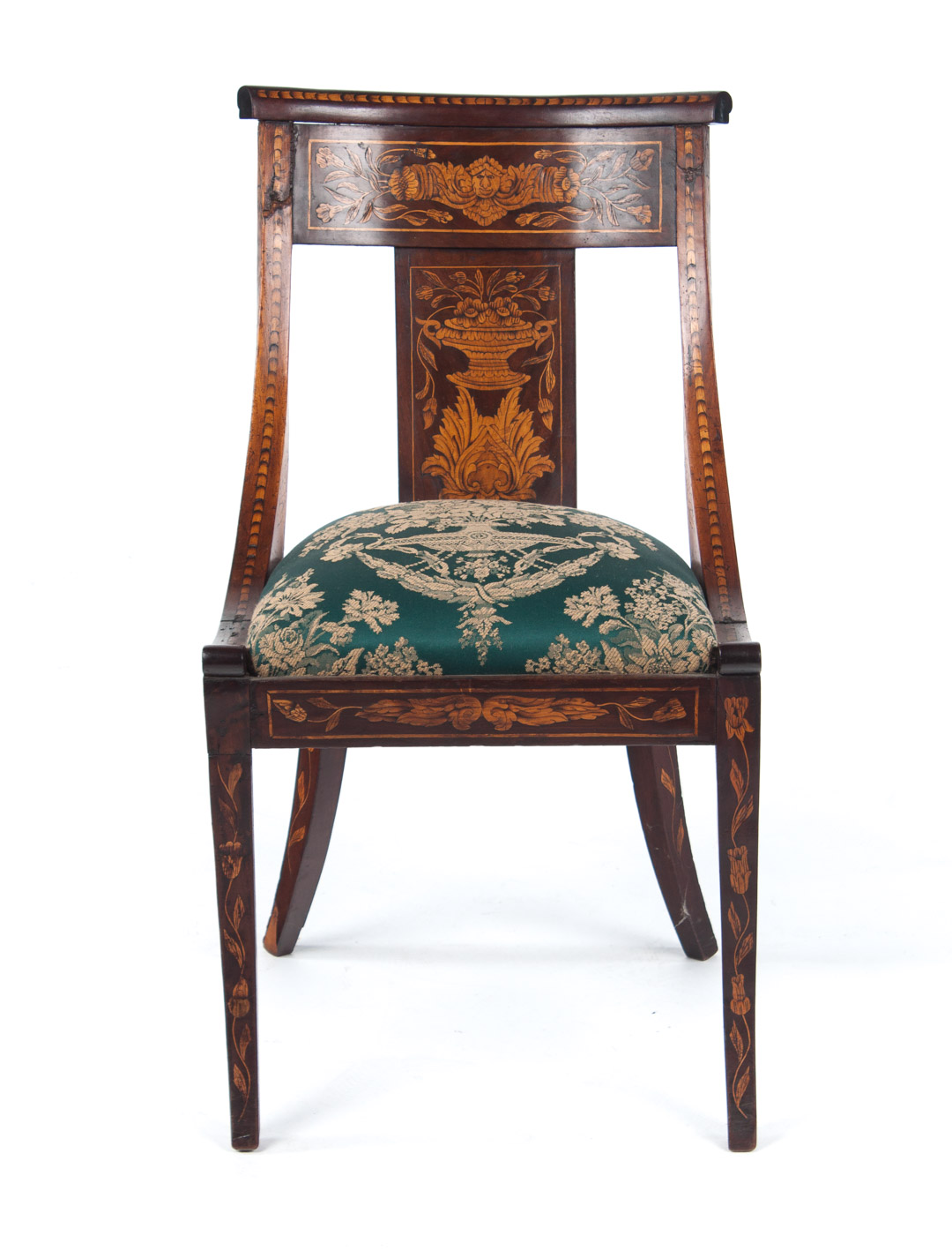 Appraisal: Dutch marquetry inlaid walnut gondola chair th century flat crest