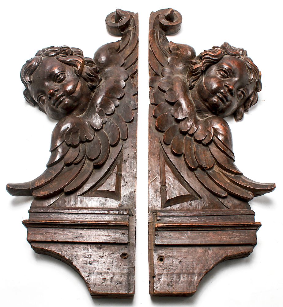 Appraisal: Architectural Winged Cherubs Carved Walnut Wood Pr Large architectural winged