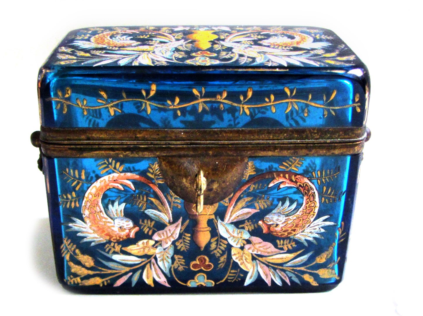 Appraisal: A Victorian blue glass and brass mounted casket the rectangular