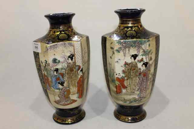 Appraisal: A PAIR OF JAPANESE SATSUMA HEXAGONAL VASES each decorated with