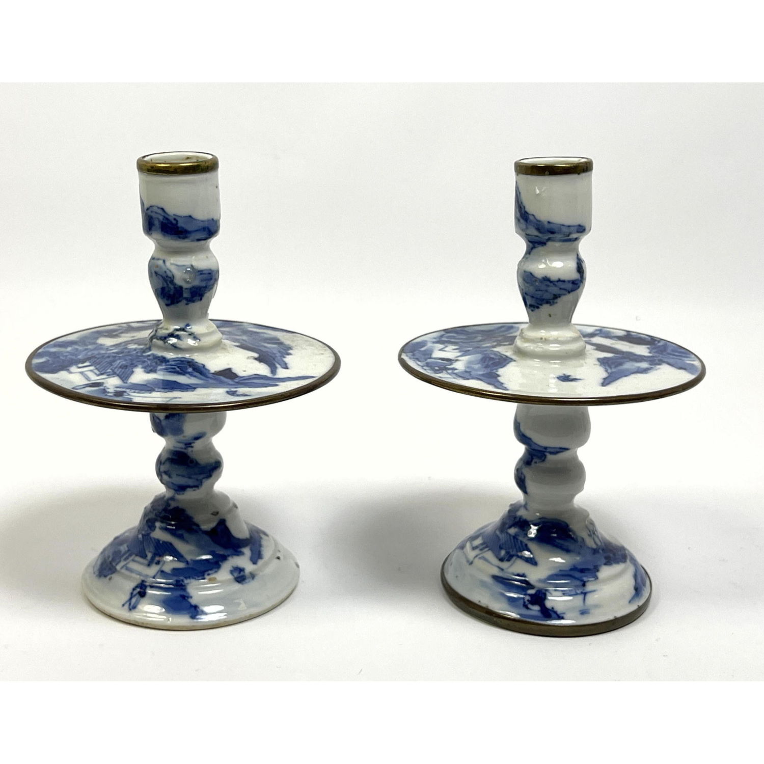 Appraisal: Pr Kang Xi Blue and white candle sticks Trimmed in