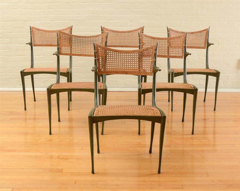 Appraisal: SET OF SIX CANED AND PATINATED ALUMINUM GAZELLE CHAIRS ATTRIBUTED