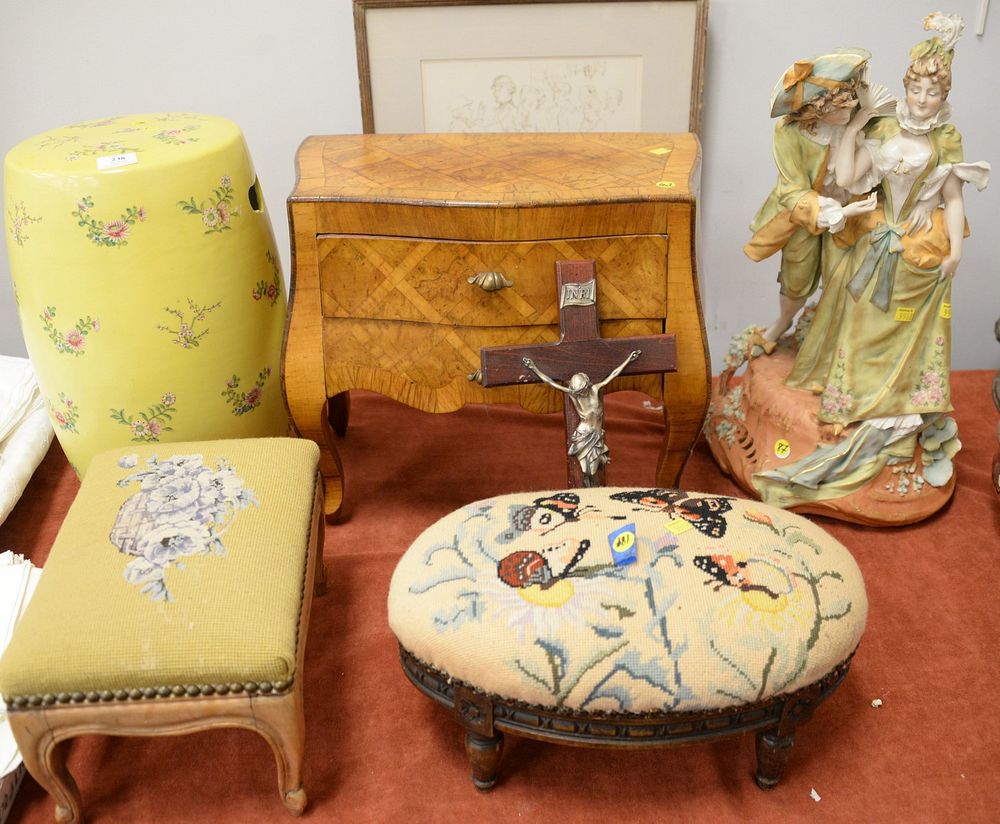 Appraisal: Five piece group to include yellow garden seat with enameled