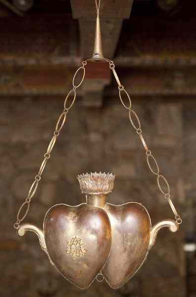 Appraisal: Spanish Altar Lamp th century silverplate altar vigil dual heart